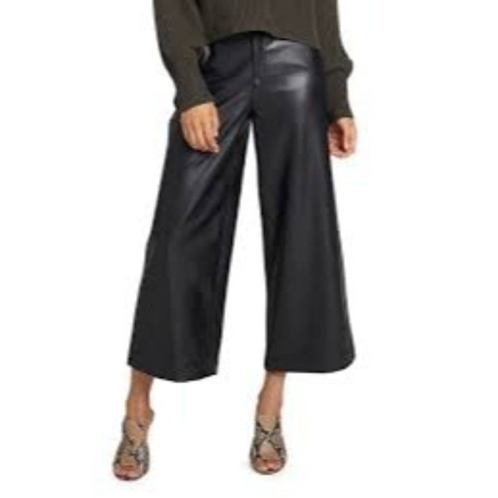 Natori Women's Faux Vegan Leather Wide-Leg Crop Pants Black Size 4